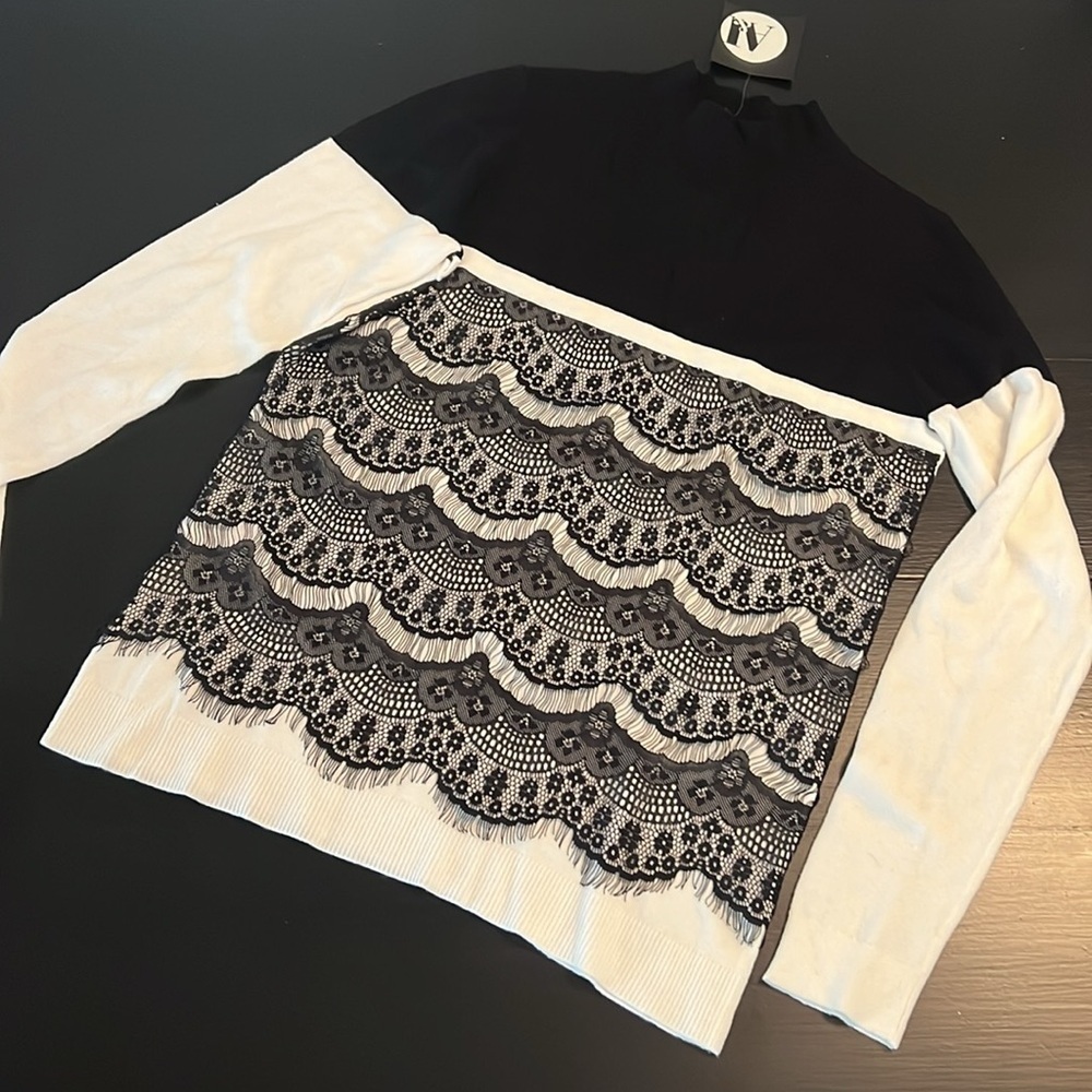 A&I Women Black White Colorblock Lace Overlay Mock Neck Sweater Top Small NWT